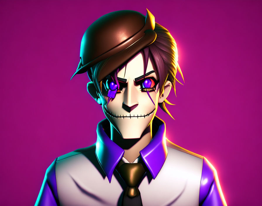 Character illustration: Smirking expression, brown hat, purple tie, white shirt, scars, purple