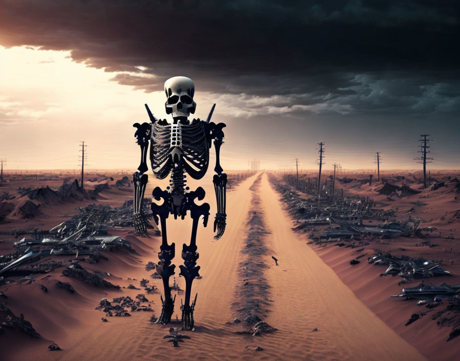 Desolate desert landscape with skeleton under dark clouds