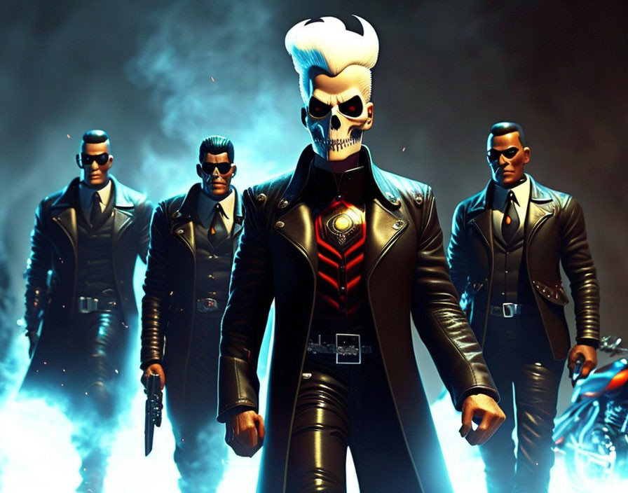 Stylized image of four animated characters with skull-like face and men in suits
