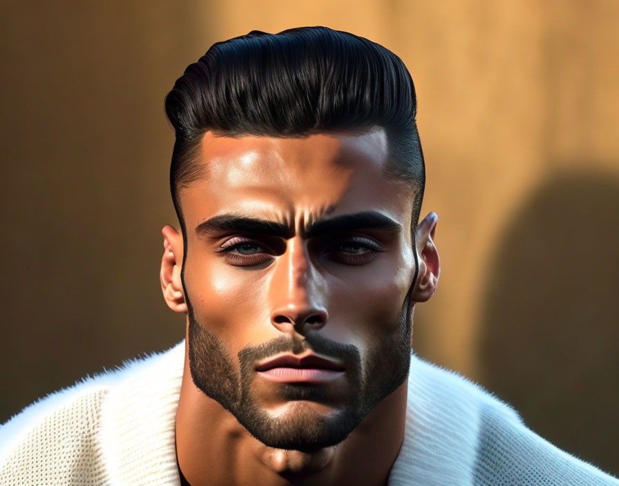 3D Rendered Image: Man with Slicked-Back Hair, Strong Jawline, Beard