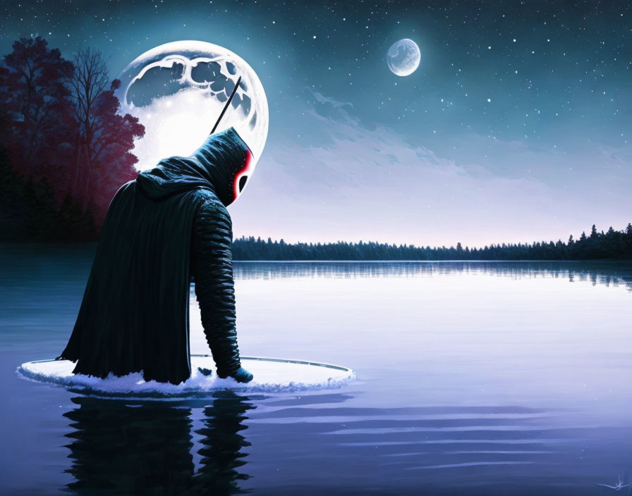 Mysterious figure on frozen lake under starry sky