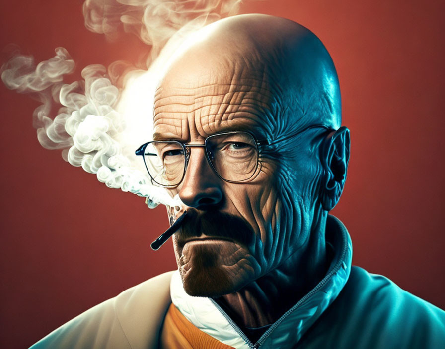 Digital portrait of stern man with glasses, goatee, and cigarette on red background