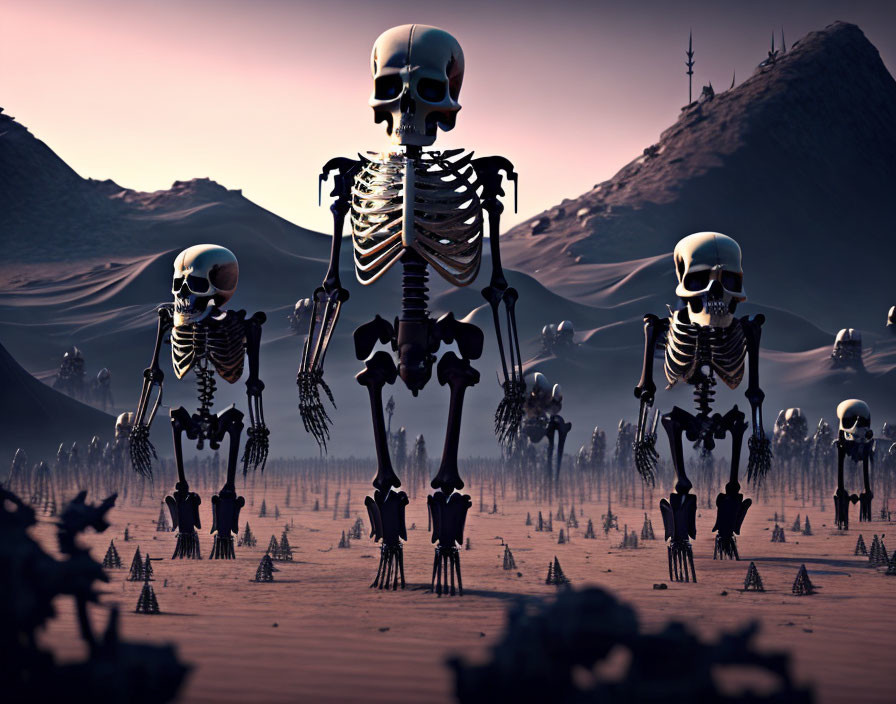 Barren desert landscape with large skeleton figures and cacti.