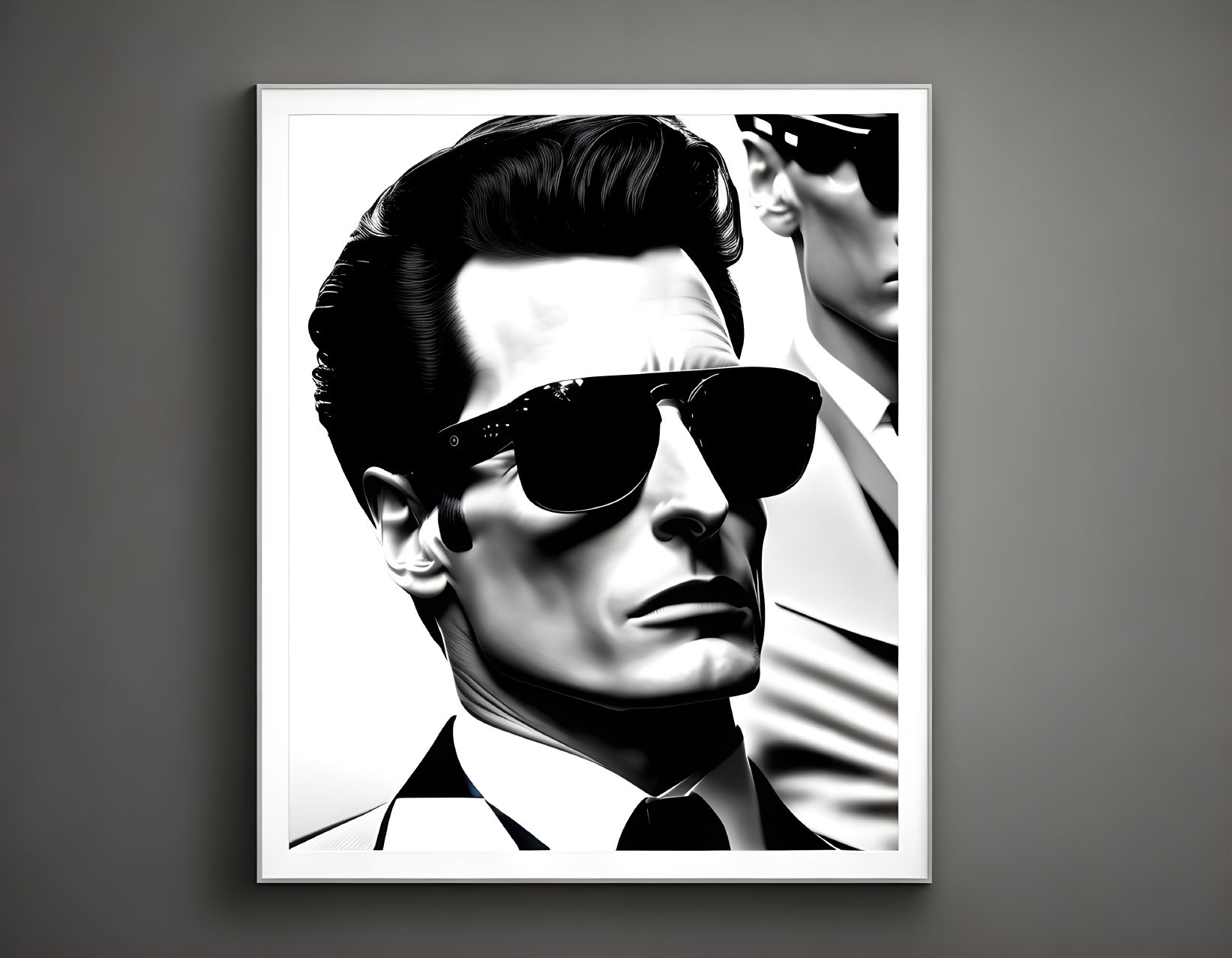Monochromatic illustration of a man in sunglasses with shadowy figures in background