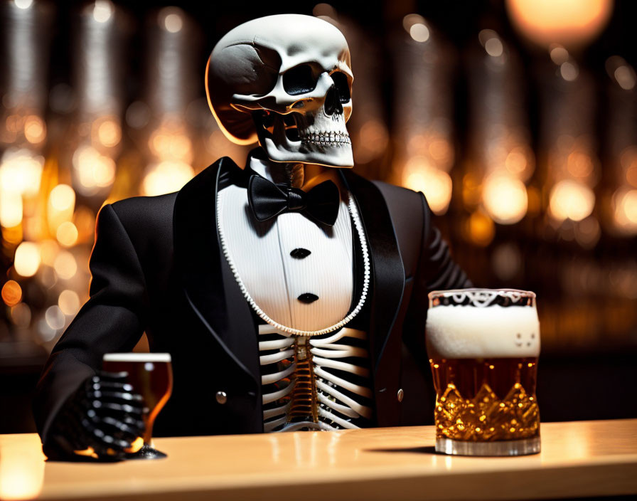 Skull Masked Figure in Tuxedo at Bar with Beer