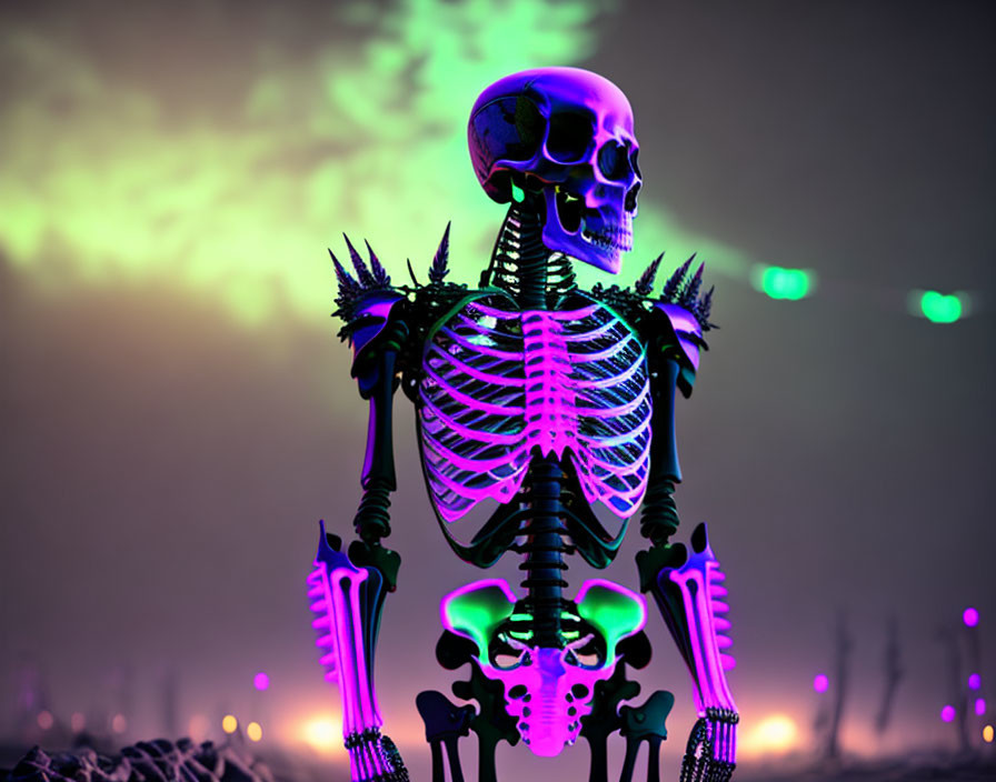 Glowing skeleton with purple and white lights in fantasy backdrop
