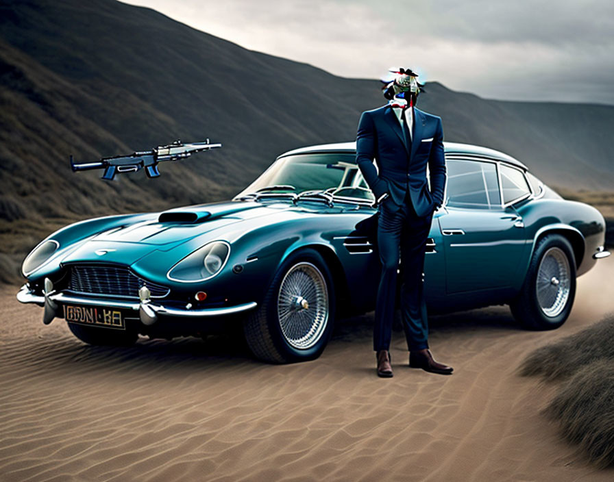 Person in suit with mask next to blue sports car and drone in desert landscape