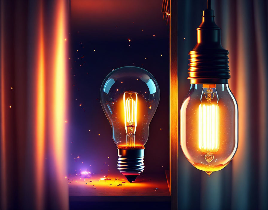 Glowing clear and orange light bulbs on dark background with floating particles and curtain.
