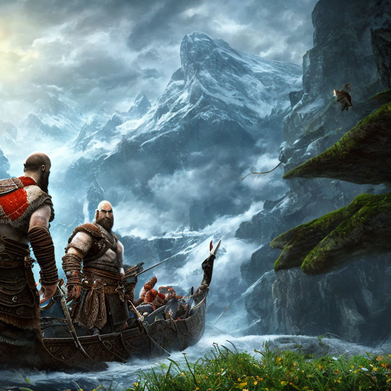 Norse-style boat with two individuals near snow-covered mountain cliff.