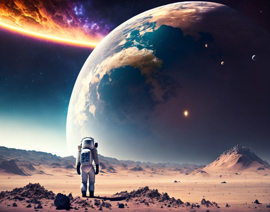Astronaut on barren alien world with Earth-like planet and nebula in sky