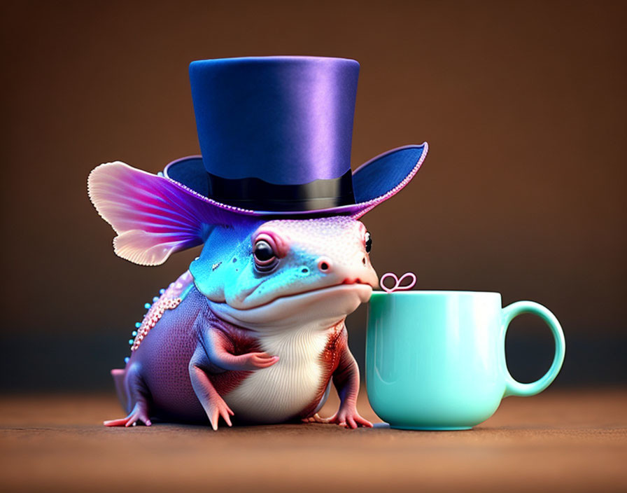 Whimsical frog with top hat and pearl necklace next to teal cup