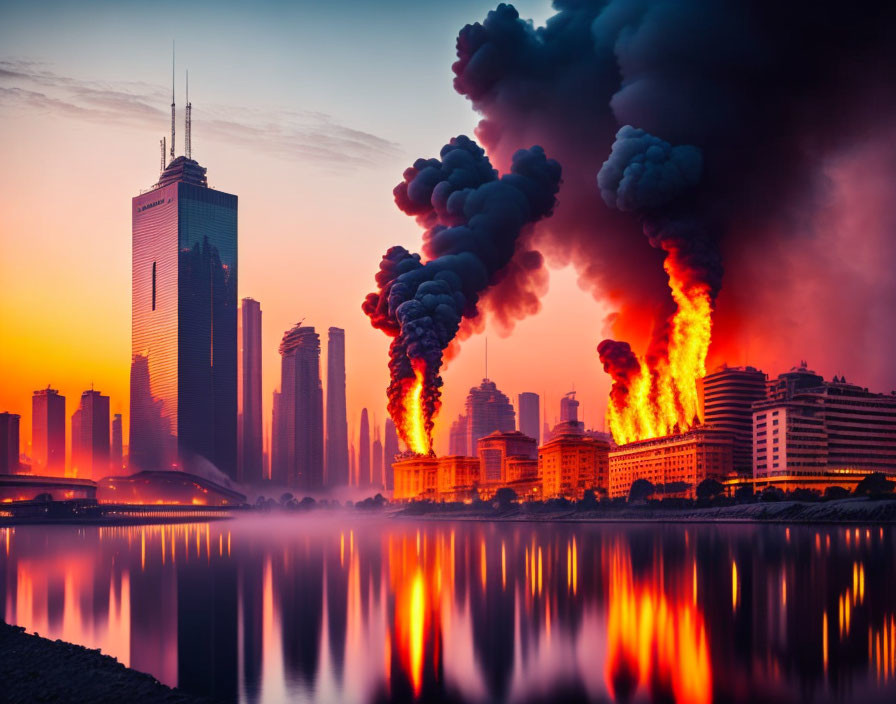 City skyline sunset with fiery explosion and smoke reflected on water