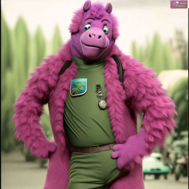 Purple anthropomorphic creature with pink fur and green shirt in front of blurry green background