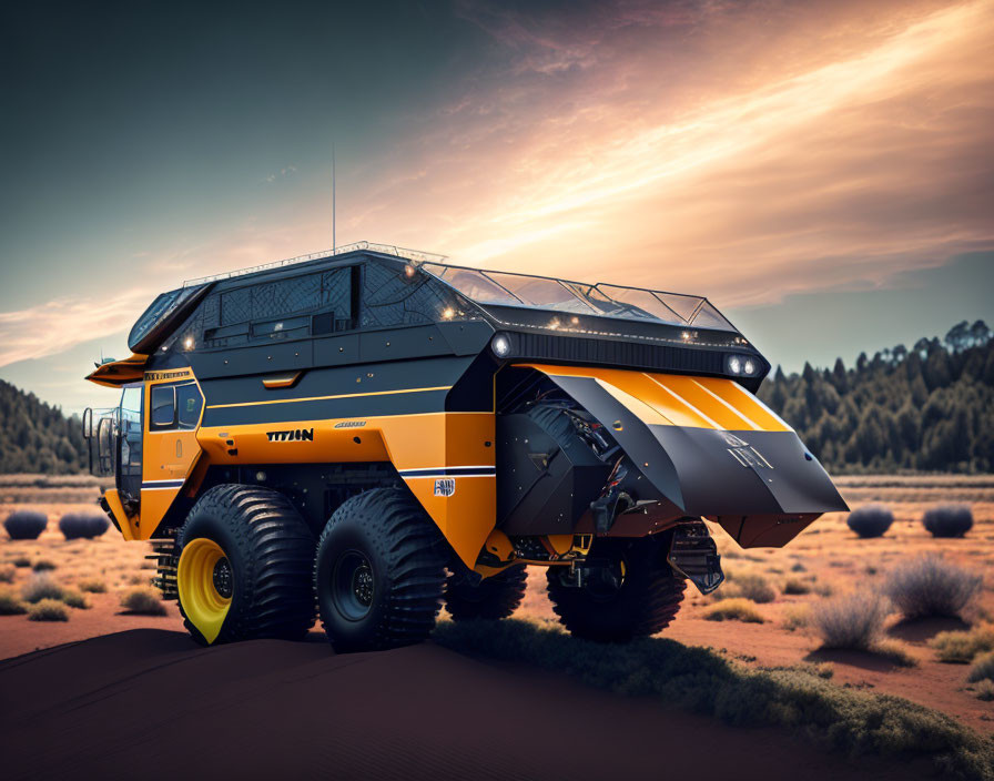 Yellow and Black Six-Wheeled All-Terrain Vehicle in Forest Sunset