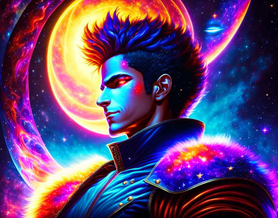 Colorful digital artwork of stylized male figure with cosmic background and planetary ring.