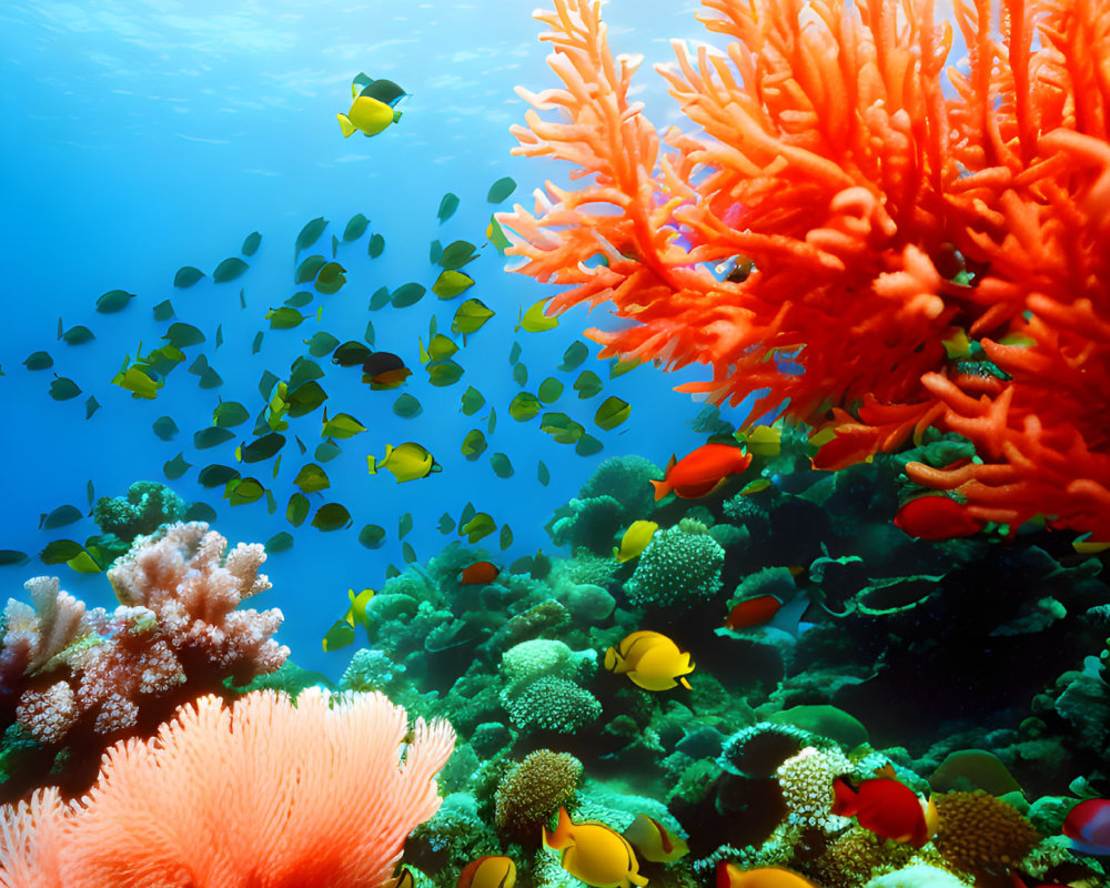 Colorful tropical fish in vibrant coral reef underwater.