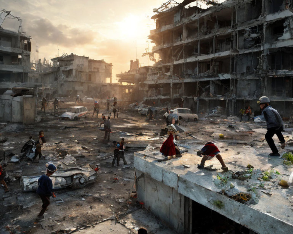 War-torn urban landscape at sunset with debris and people navigating ruins