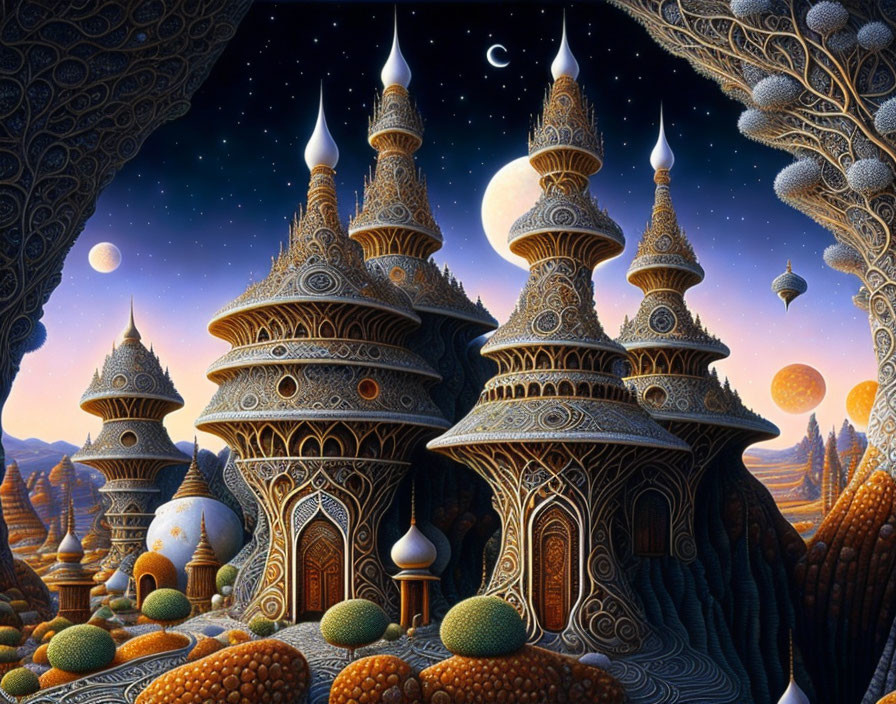 Fantasy landscape with ornate towers and crescent moon under starry sky