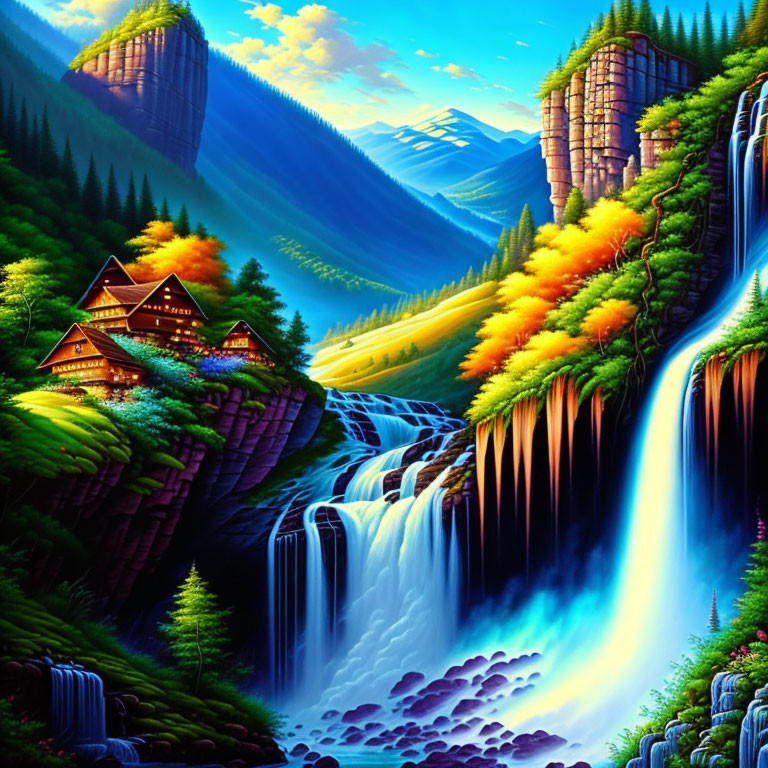 Scenic landscape with waterfall, house, forest, mountains