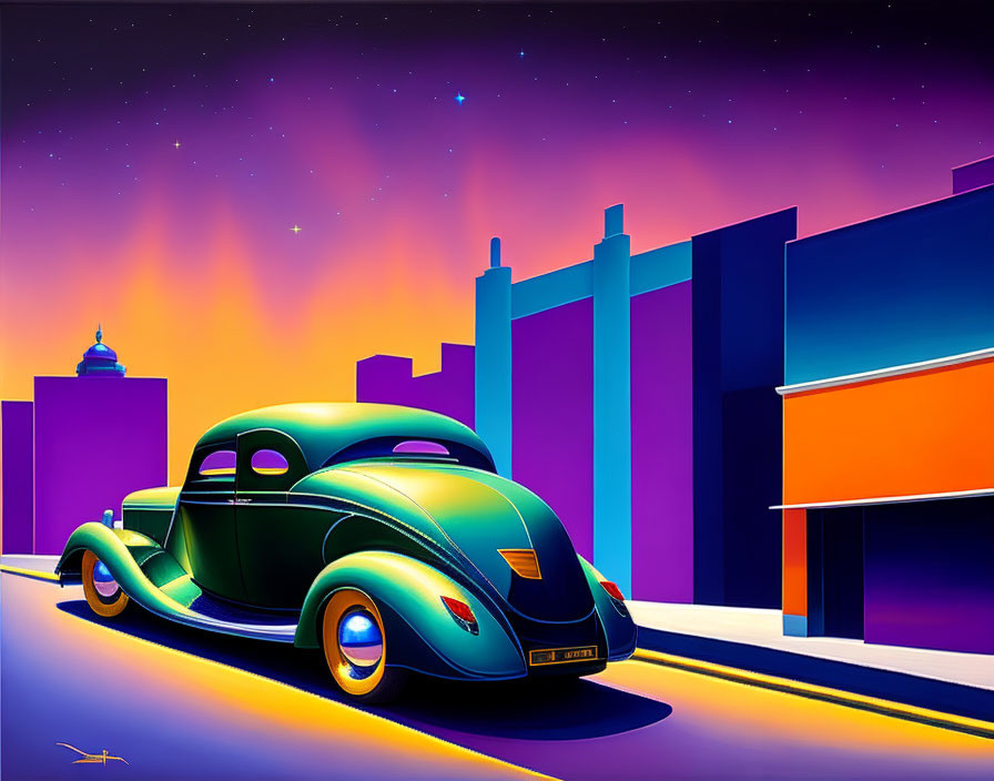 Vintage Car in Futuristic City Street at Dusk with Vibrant Colors and Starry Sky