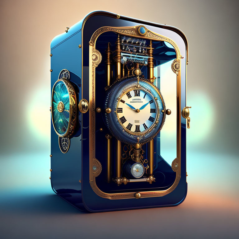 Intricate Steampunk-Inspired Clock with White Face and Blue Gold Case