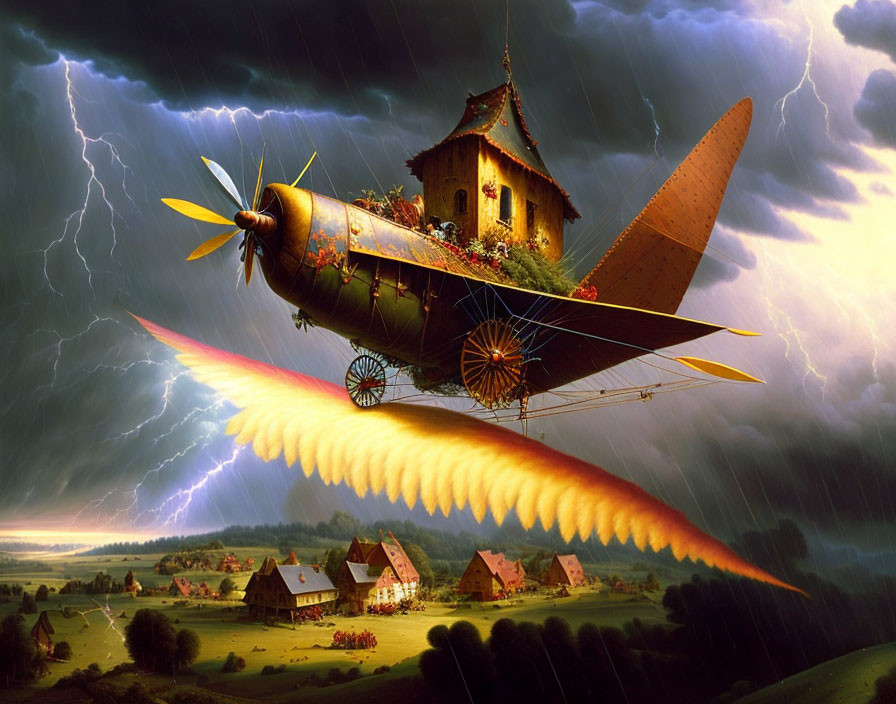 Fantastical flying cottage machine over rural landscape in thunderstorm