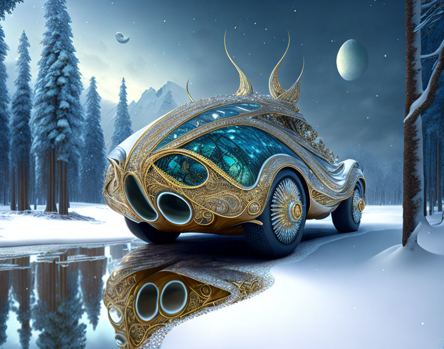 Ornate golden fantasy vehicle by tranquil lakeside in snowy forest