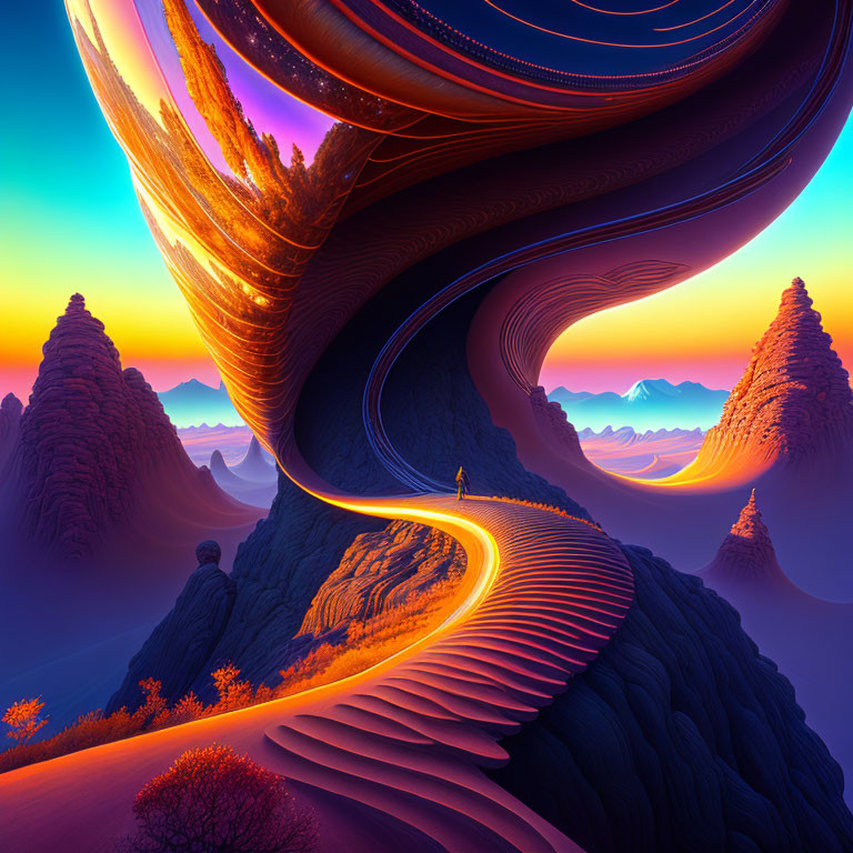 Person on winding pathway in colorful surreal landscape with swirling sky patterns and stylized mountains at sunset.