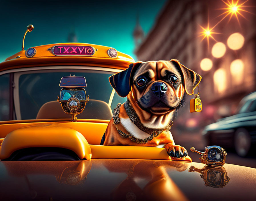 Stylized illustration of pug with gold chain near taxi cab