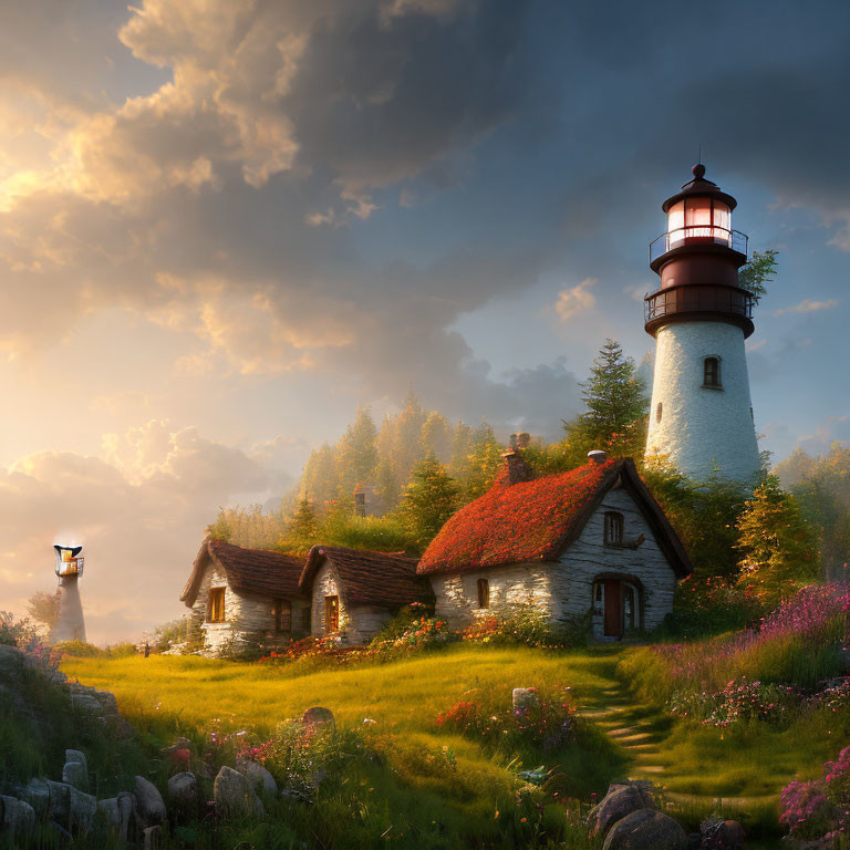 Scenic sunset at lighthouse with cottage and blooming nature