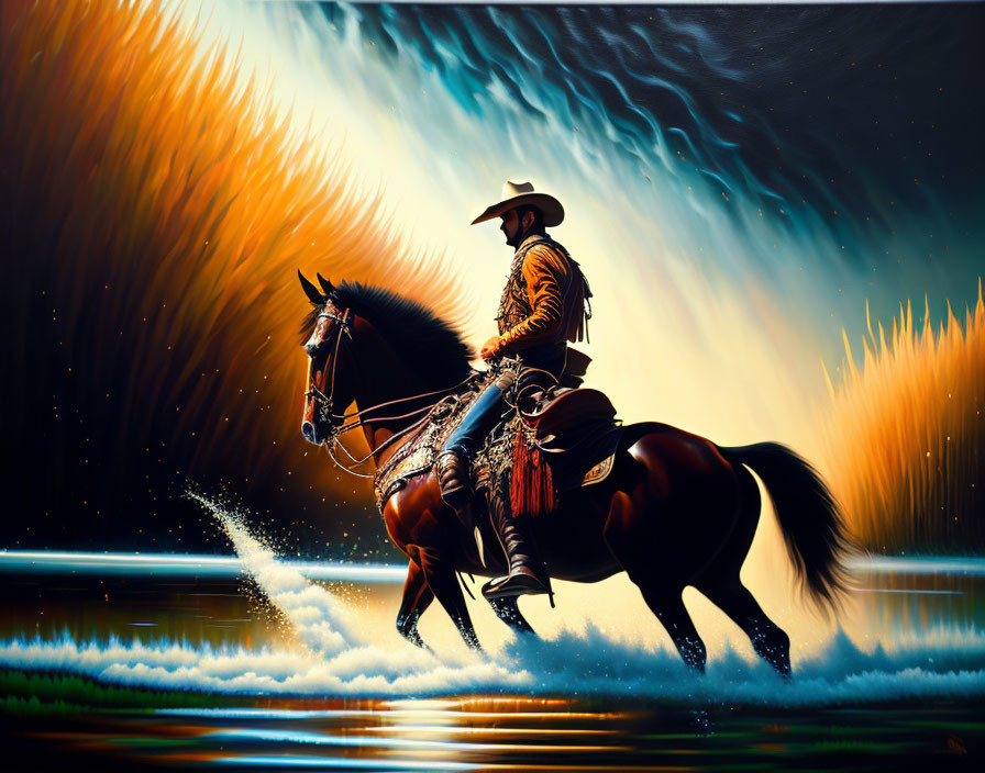 Cowboy riding horse through fiery orange and deep blue waves