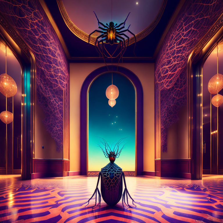 Elegant Hallway with Spider-Themed Decor and Vibrant Color Transition
