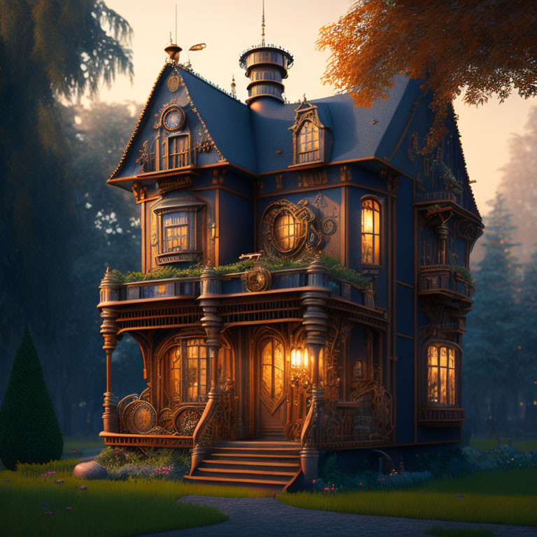 Victorian-style house with wooden carvings and turret in twilight garden