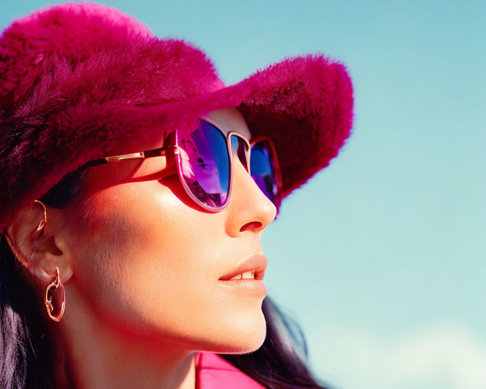 Fashionable woman in fuchsia fur hat and sunglasses under blue sky