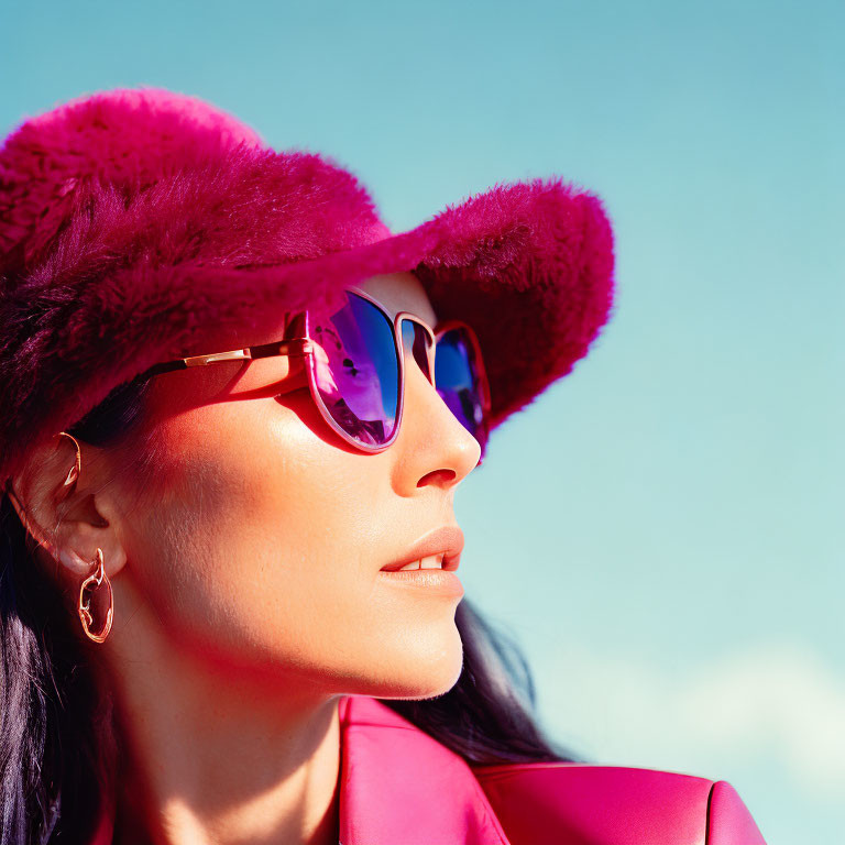 Fashionable woman in fuchsia fur hat and sunglasses under blue sky