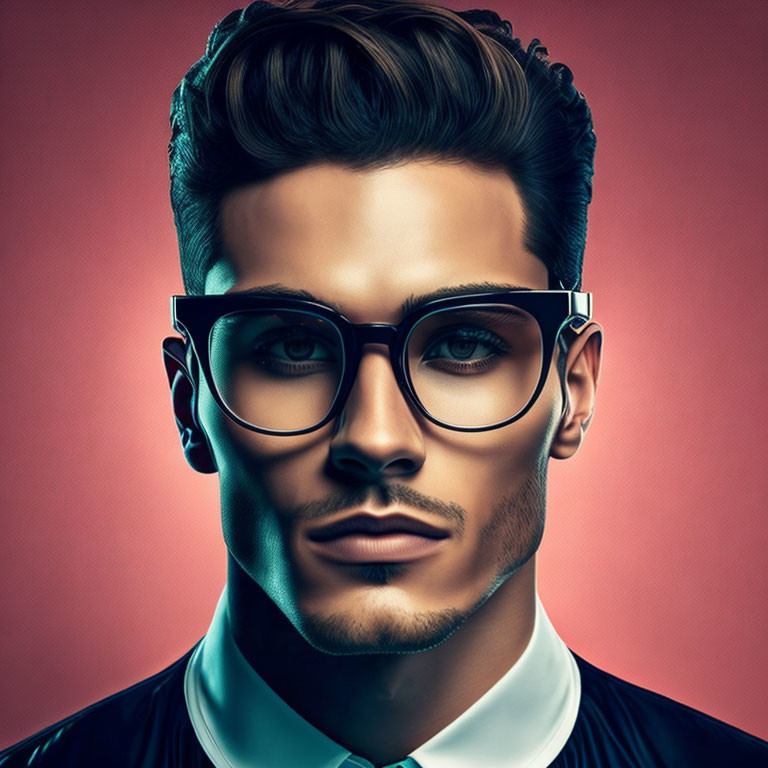 Man with sleek hair and square glasses on red-blue gradient background