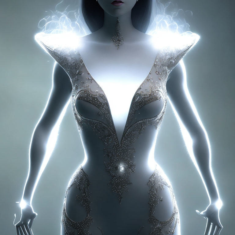 Luminescent figure in ornate translucent dress against soft backlit background