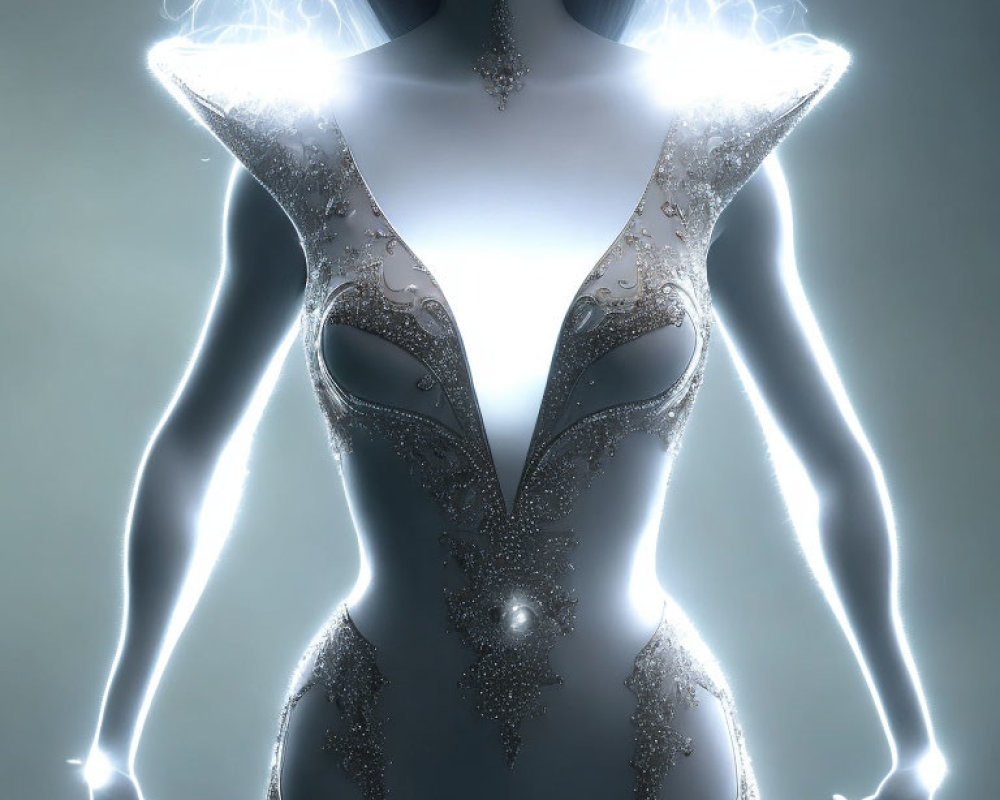 Luminescent figure in ornate translucent dress against soft backlit background