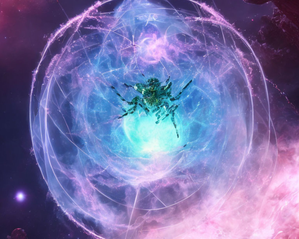 Glowing blue sphere surrounded by shields, silhouetted figure in cosmic scene.