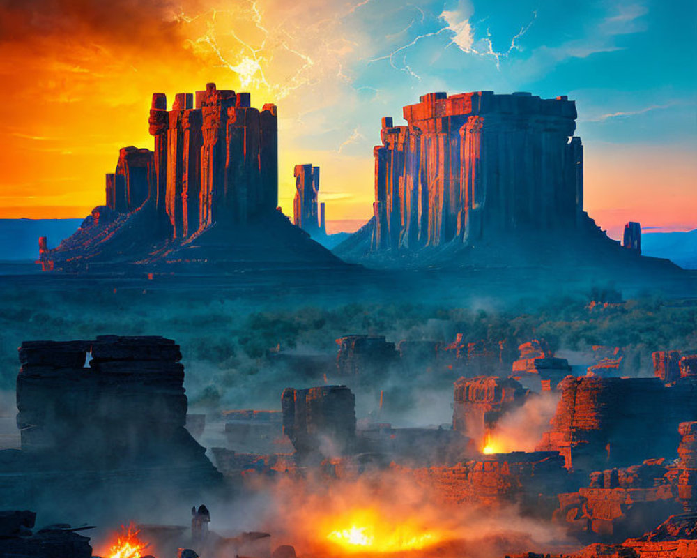 Majestic desert sunset scene with towering rocks, lightning, and scattered fires