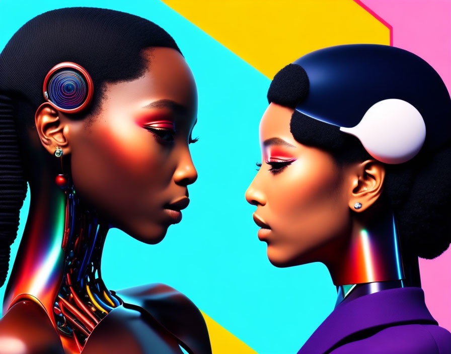 Stylized futuristic female figures on vibrant neon background