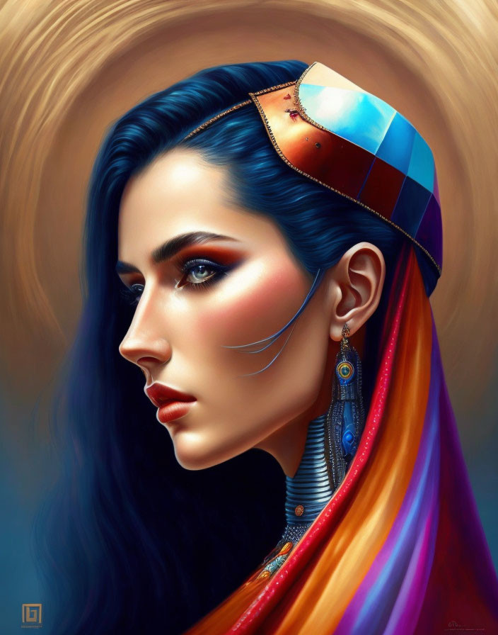 Colorful Illustration of Woman with Blue Hair and Golden Halo