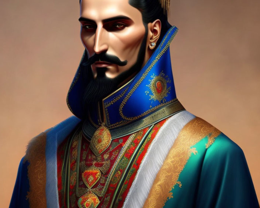 Regal man with sharp beard and mustache in royal blue uniform