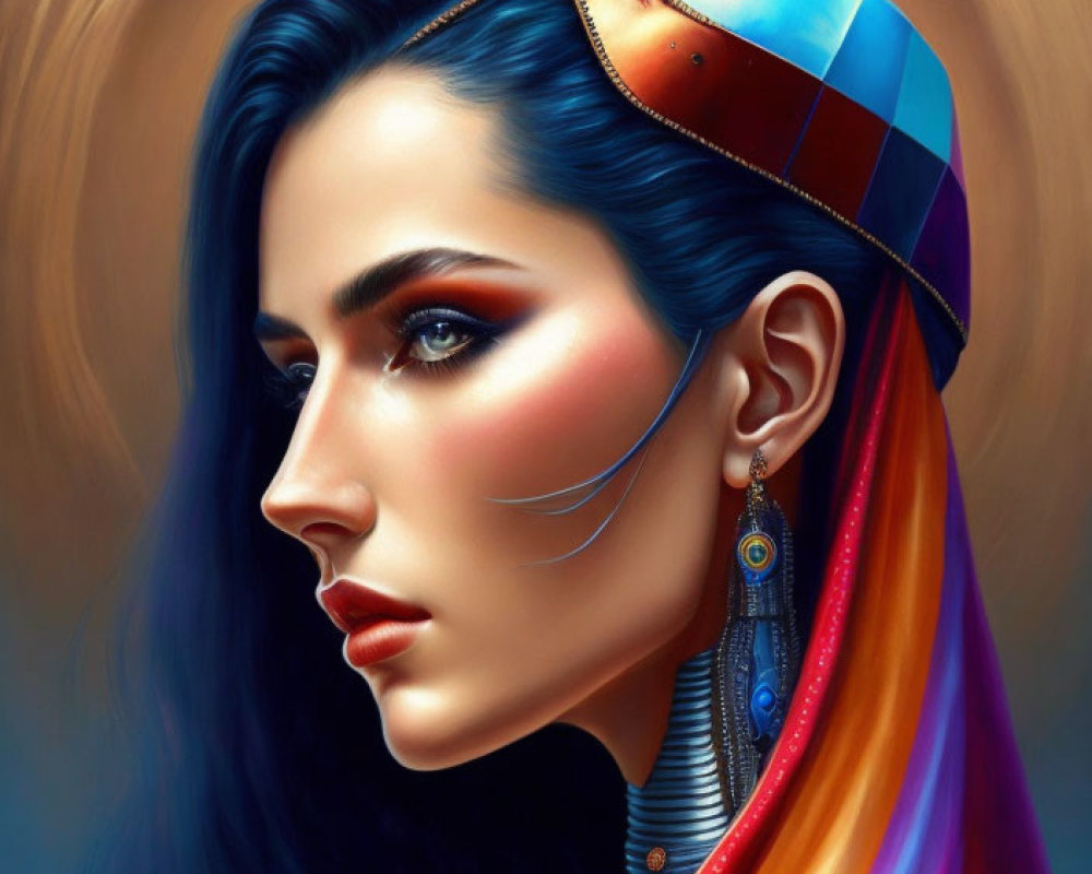Colorful Illustration of Woman with Blue Hair and Golden Halo