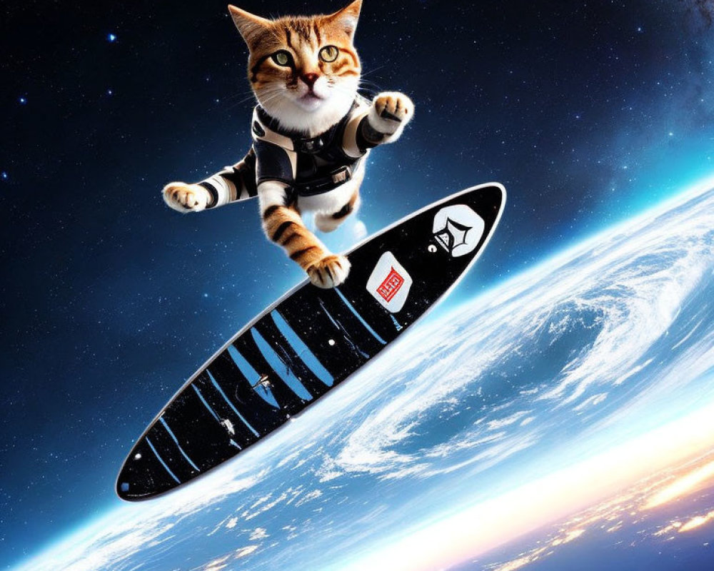 Cat in astronaut suit surfing on spaceboard above Earth in starry sky.
