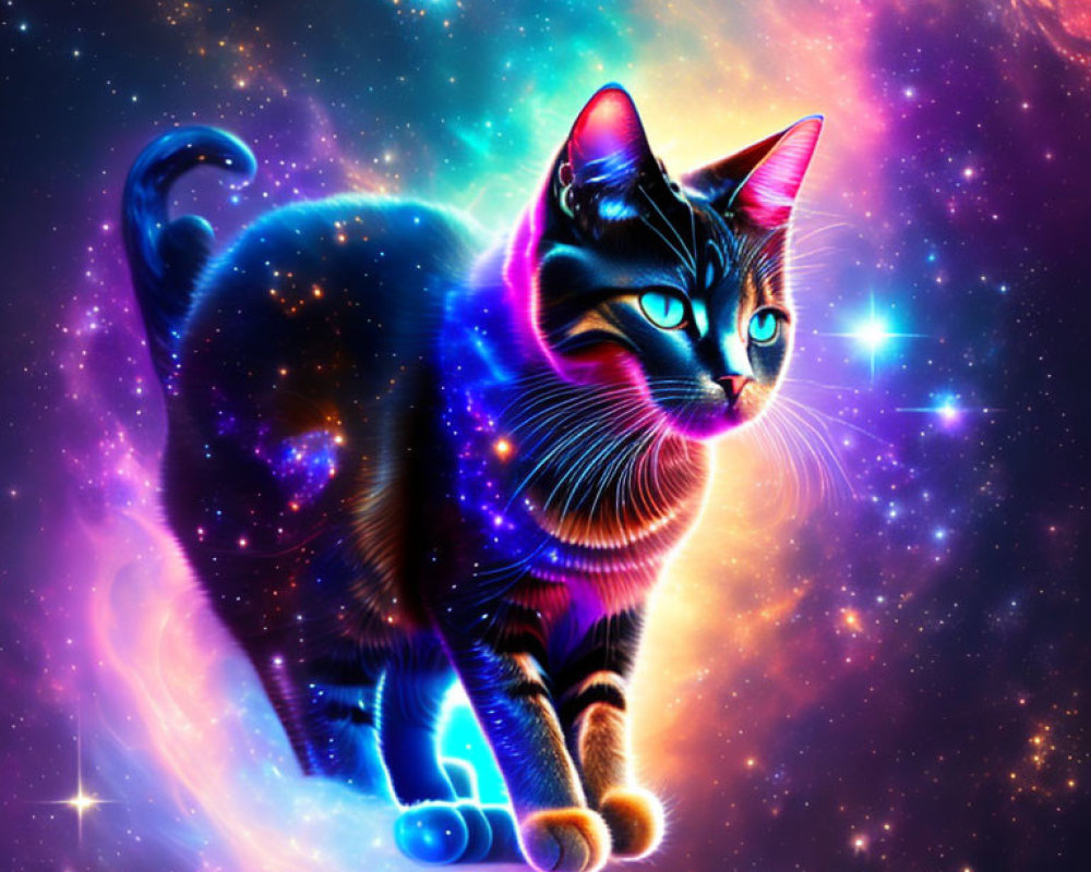 Colorful Cosmic Cat Art with Galaxy Fur and Nebula Background