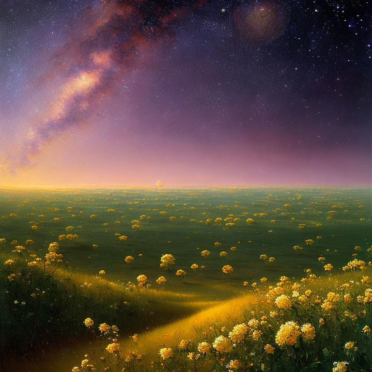 Vibrant Milky Way over blooming yellow field at twilight
