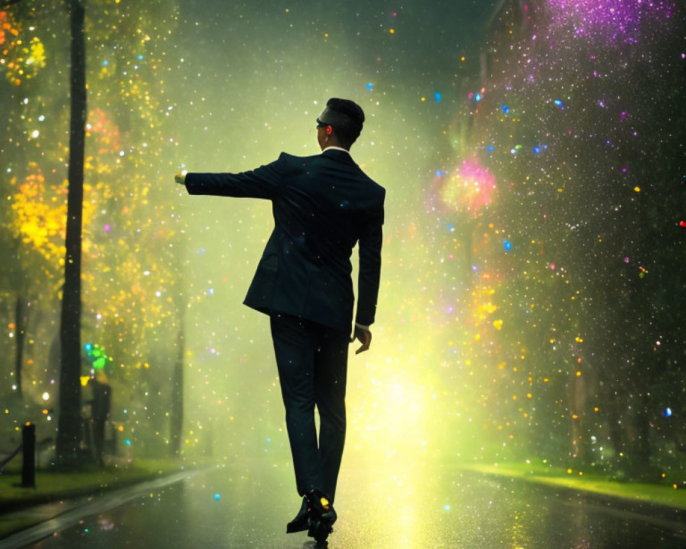 Man in Suit Hitchhiking on Colorful Bokeh-Lit Road at Night
