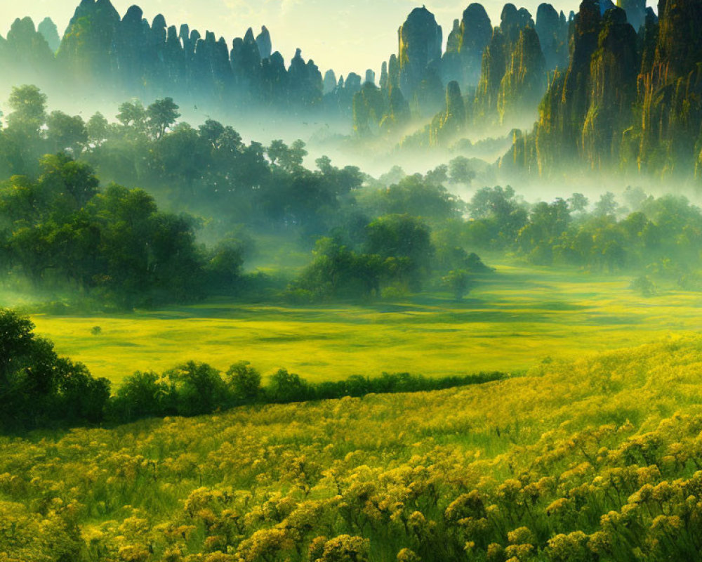Vibrant yellow wildflowers in lush green meadow with misty forested cliffs