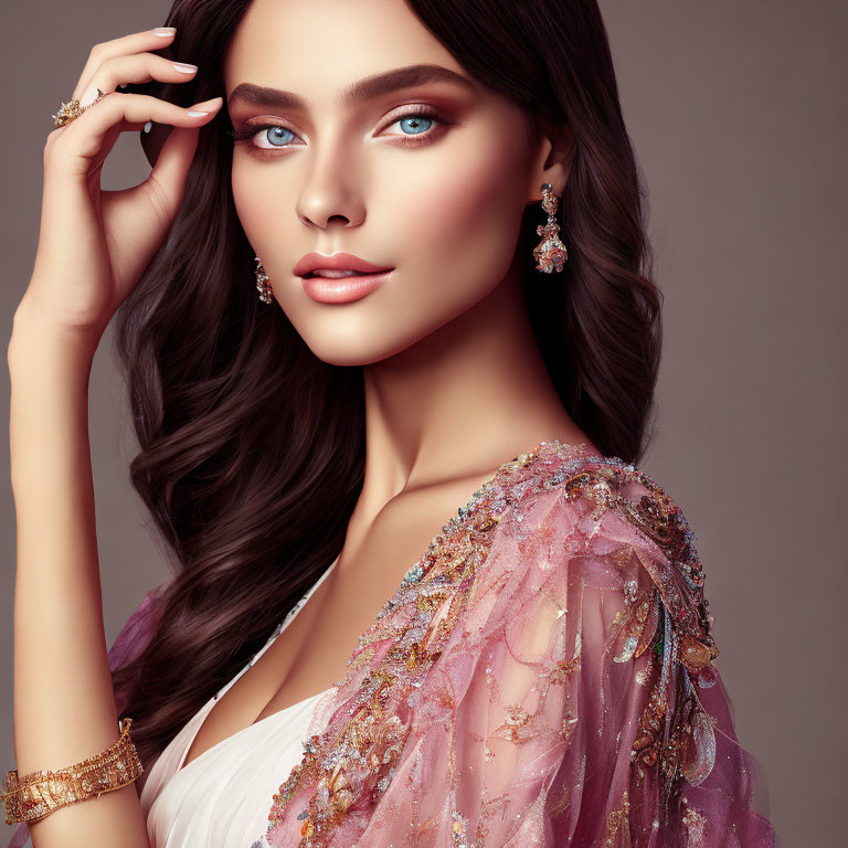 Portrait of a woman with blue eyes, long wavy hair, elegant jewelry, and sheer shawl